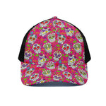 Pink Sugar Skull Pattern Print Black Mesh Trucker Cap