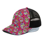 Pink Sugar Skull Pattern Print Black Mesh Trucker Cap