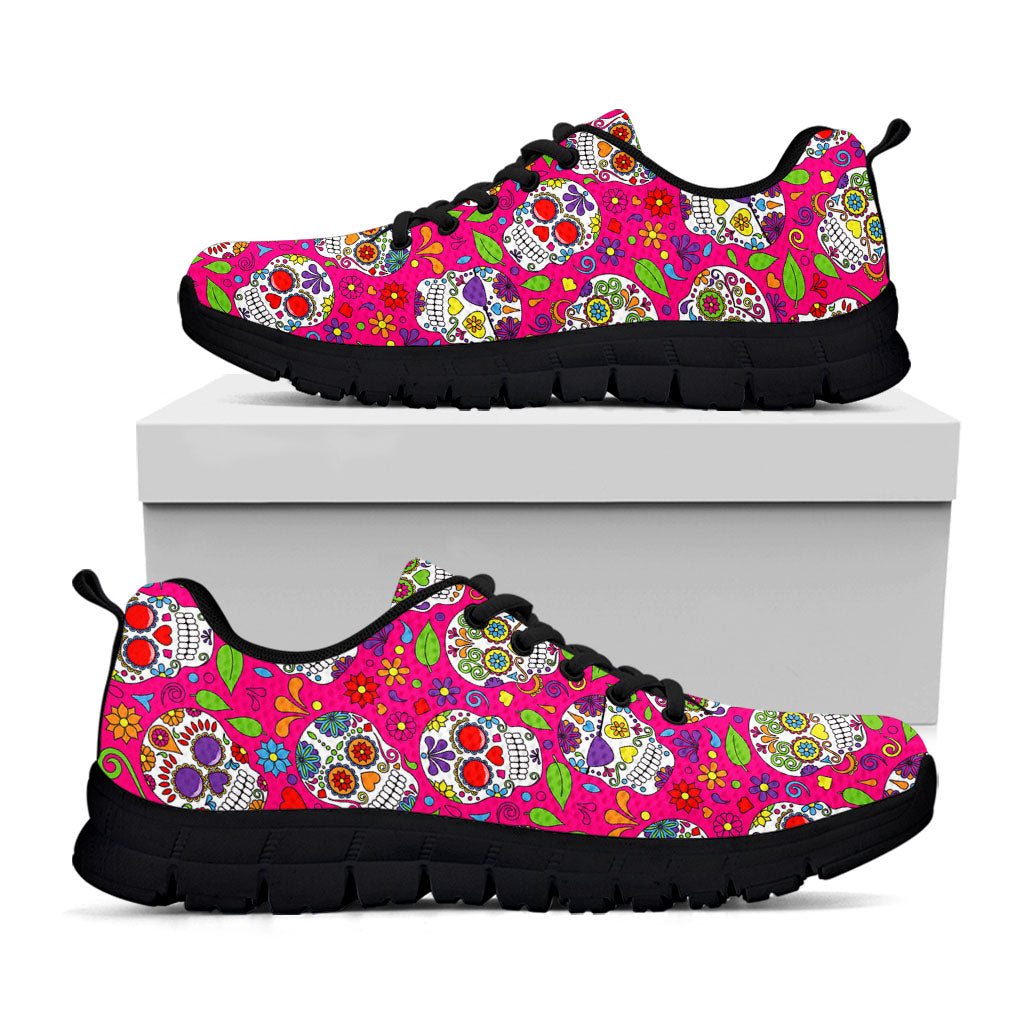 Pink Sugar Skull Pattern Print Black Running Shoes