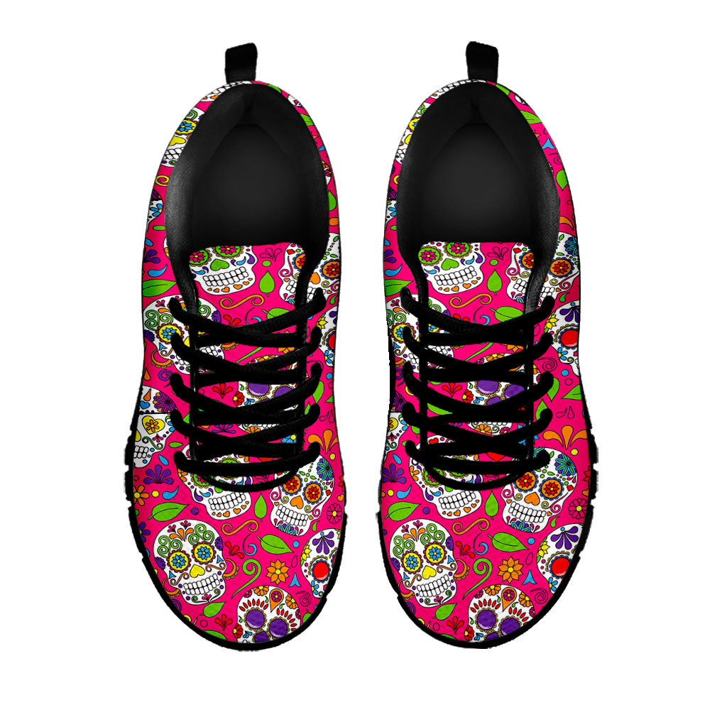 Pink Sugar Skull Pattern Print Black Running Shoes