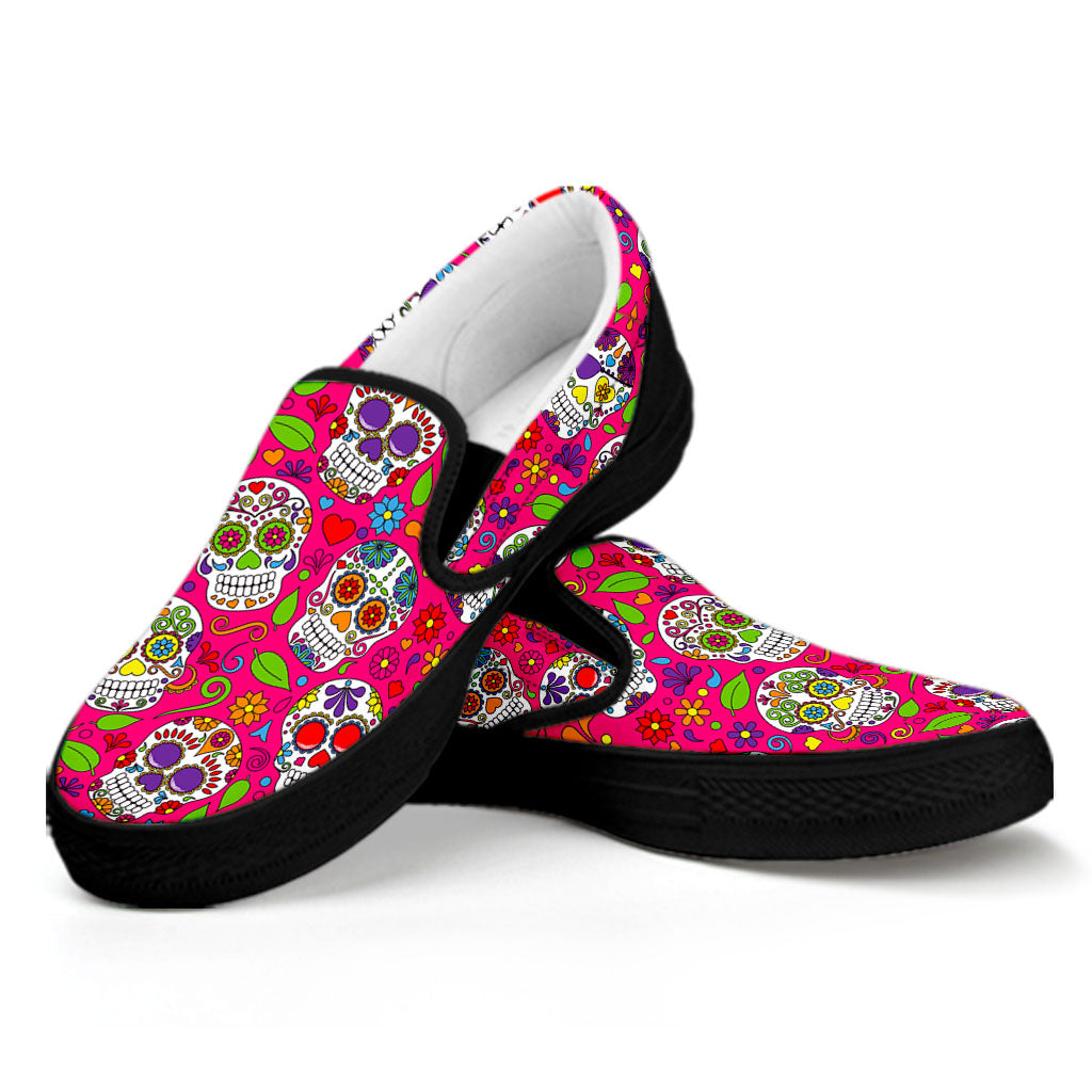 Pink Sugar Skull Pattern Print Black Slip On Sneakers