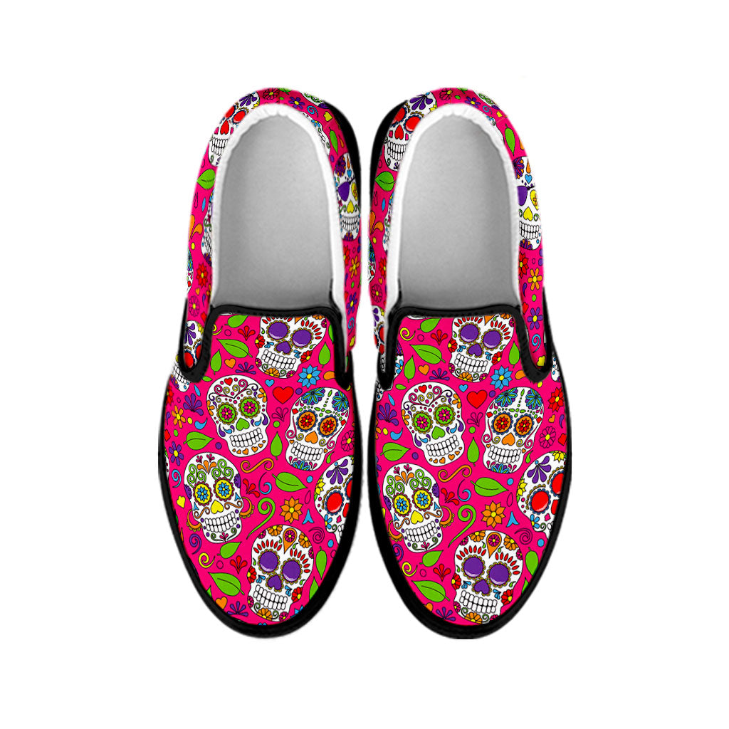 Pink Sugar Skull Pattern Print Black Slip On Sneakers