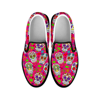 Pink Sugar Skull Pattern Print Black Slip On Sneakers