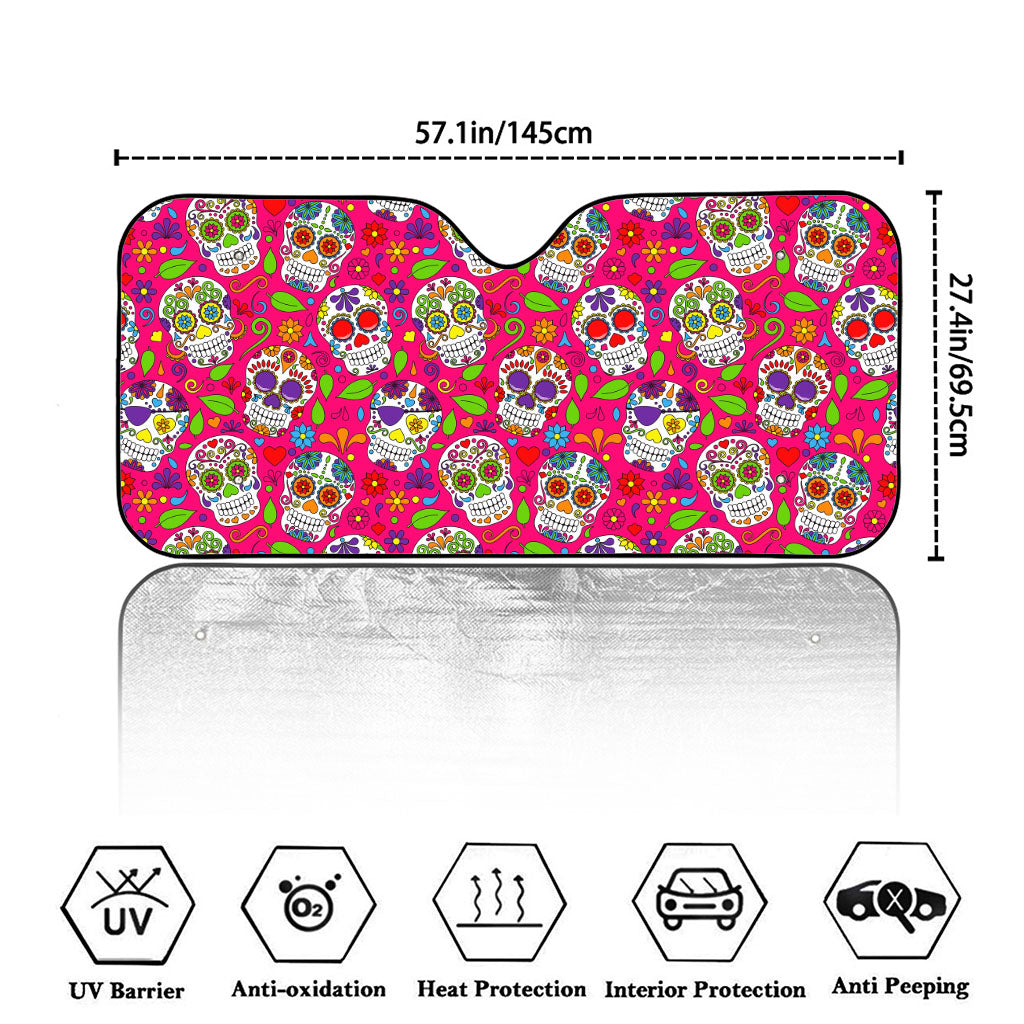 Pink Sugar Skull Pattern Print Car Windshield Sun Shade