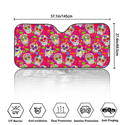 Pink Sugar Skull Pattern Print Car Windshield Sun Shade