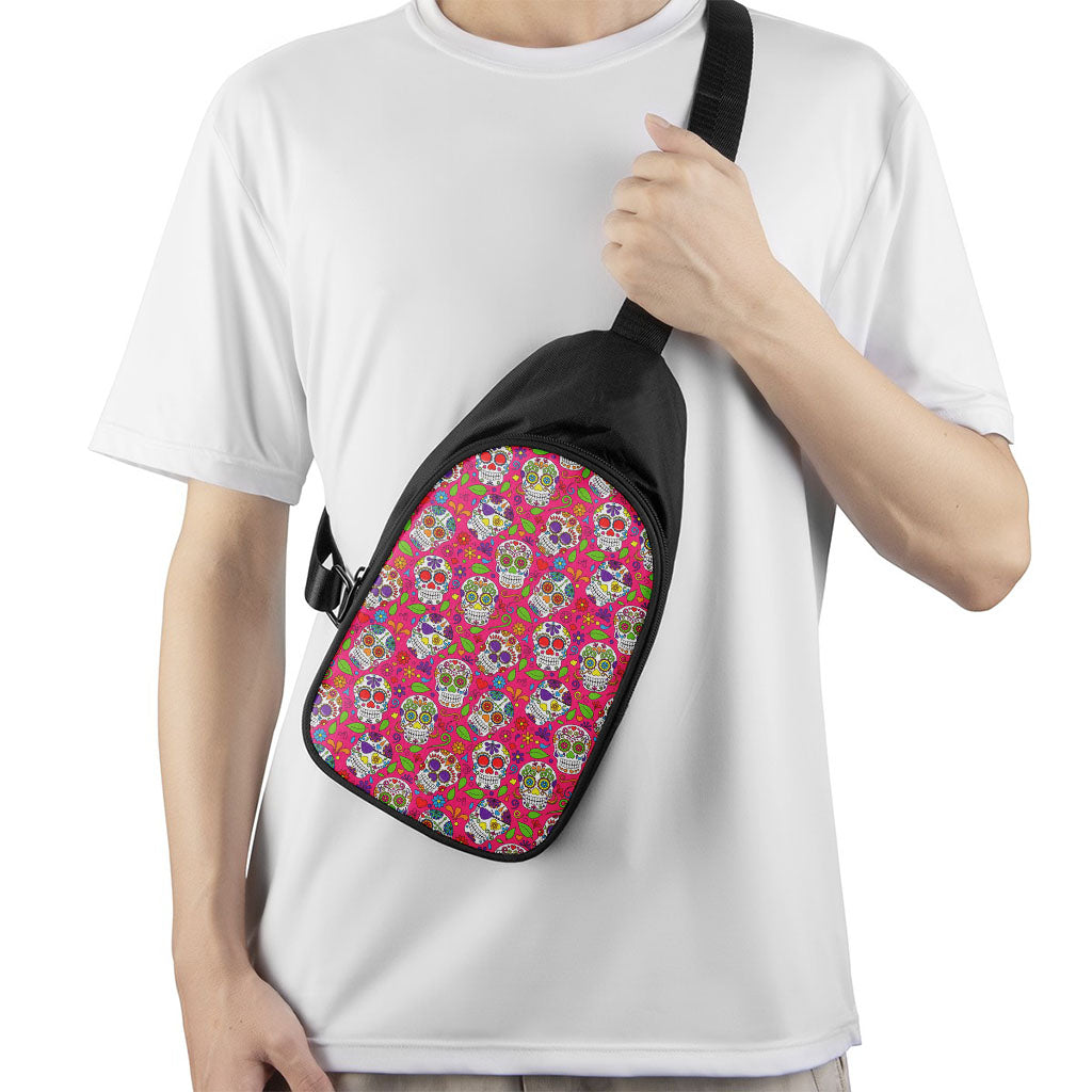 Pink Sugar Skull Pattern Print Chest Bag