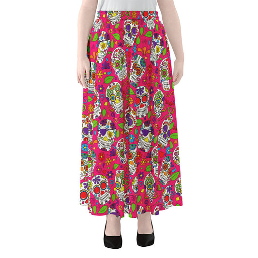 Pink Sugar Skull Pattern Print Chiffon Maxi Skirt
