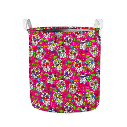 Pink Sugar Skull Pattern Print Collapsible Laundry Basket