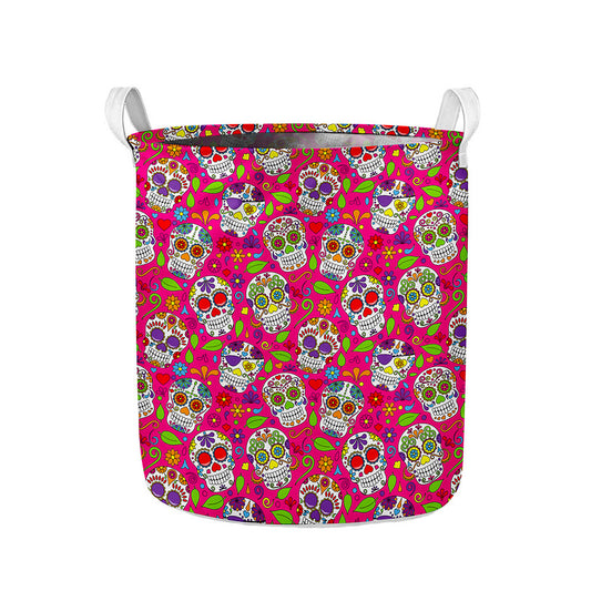 Pink Sugar Skull Pattern Print Collapsible Laundry Basket