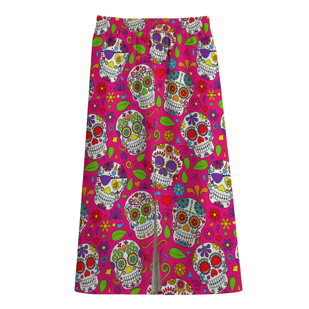 Pink Sugar Skull Pattern Print Cotton Front Slit Maxi Skirt