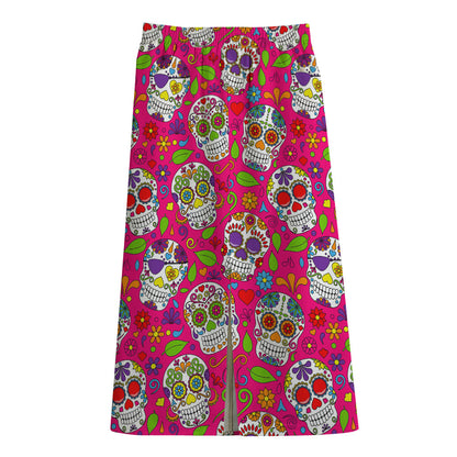 Pink Sugar Skull Pattern Print Cotton Front Slit Maxi Skirt