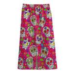 Pink Sugar Skull Pattern Print Cotton Front Slit Maxi Skirt