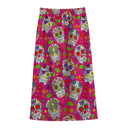 Pink Sugar Skull Pattern Print Cotton Front Slit Maxi Skirt