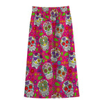 Pink Sugar Skull Pattern Print Cotton Front Slit Maxi Skirt