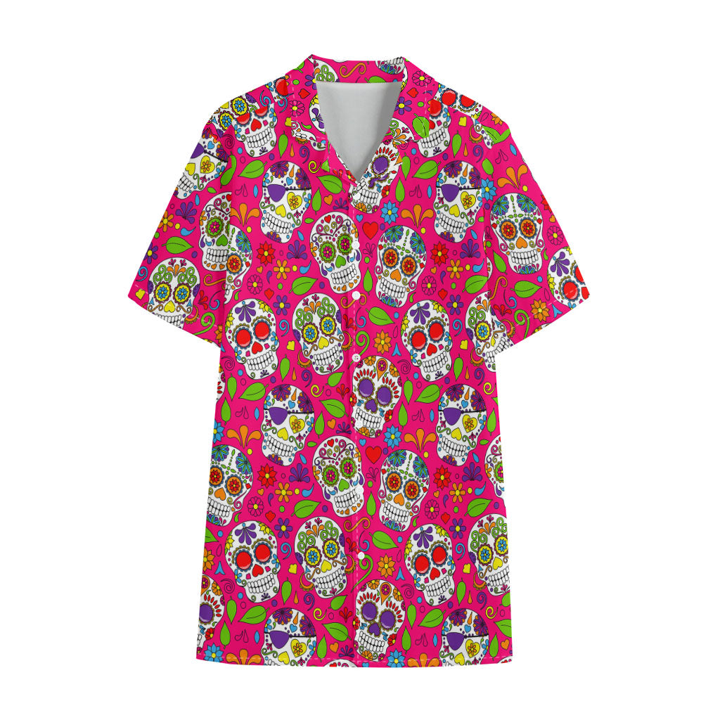 Pink Sugar Skull Pattern Print Cotton Hawaiian Shirt