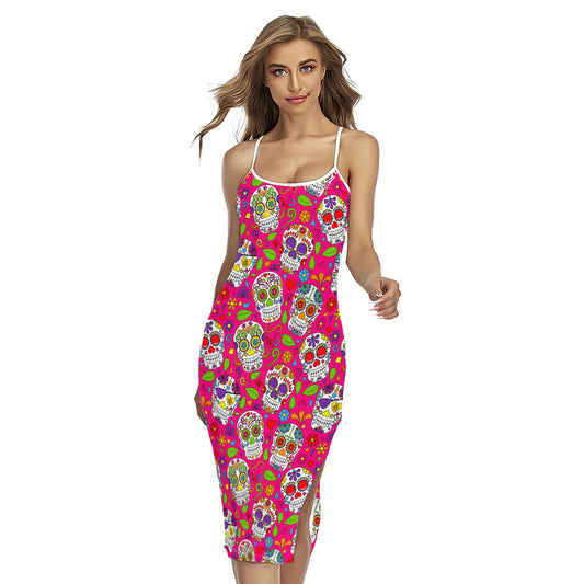 Pink Sugar Skull Pattern Print Cross Back Cami Dress