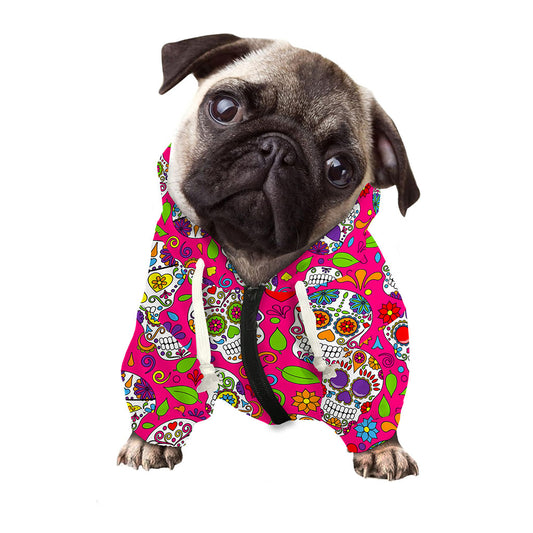 Pink Sugar Skull Pattern Print Dog Zip Up Hoodie