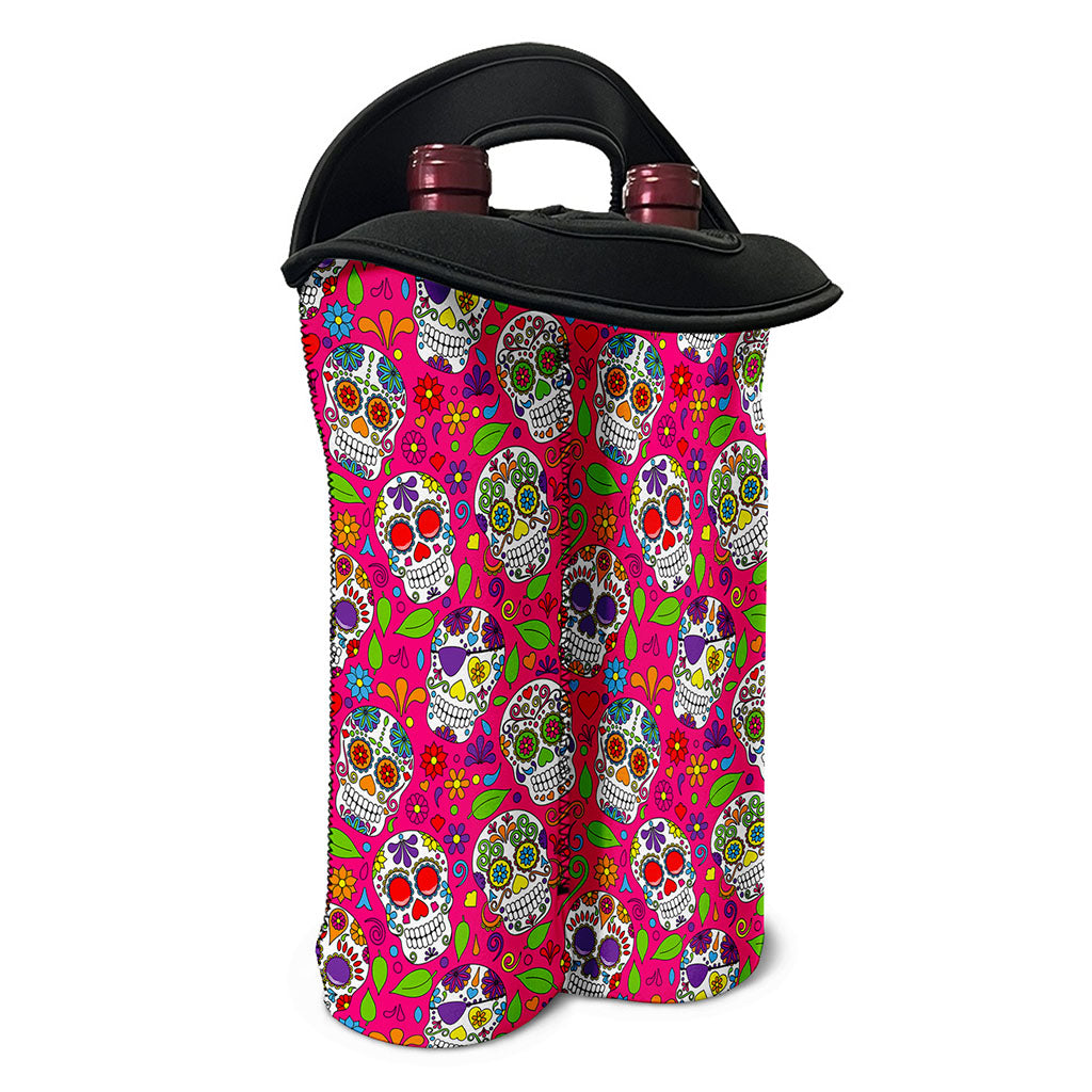 Pink Sugar Skull Pattern Print Double Neoprene Wine Tote