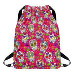Pink Sugar Skull Pattern Print Drawstring Backpack