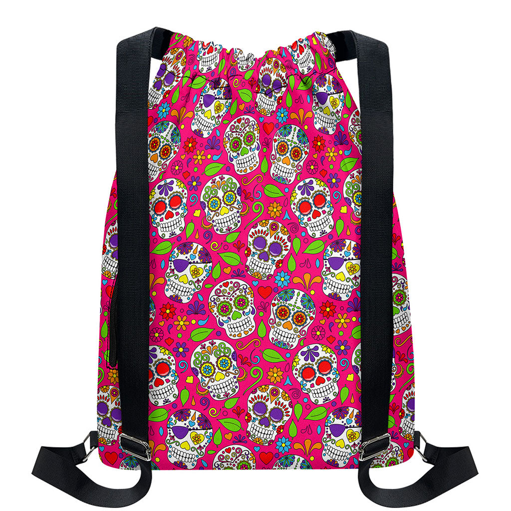 Pink Sugar Skull Pattern Print Drawstring Backpack