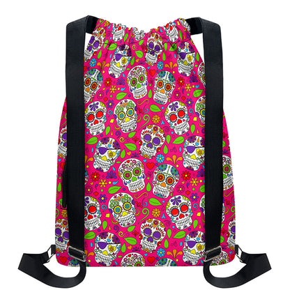 Pink Sugar Skull Pattern Print Drawstring Backpack
