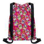 Pink Sugar Skull Pattern Print Drawstring Backpack