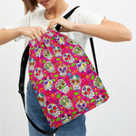 Pink Sugar Skull Pattern Print Drawstring Backpack