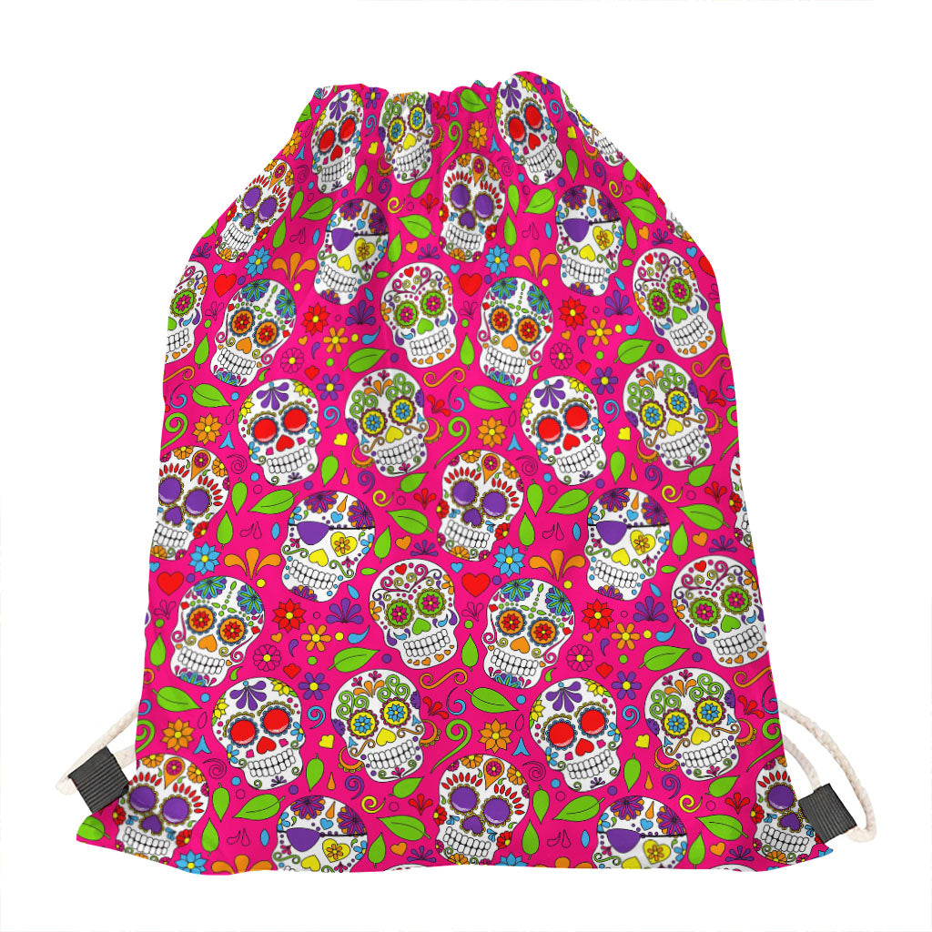 Pink Sugar Skull Pattern Print Drawstring Bag
