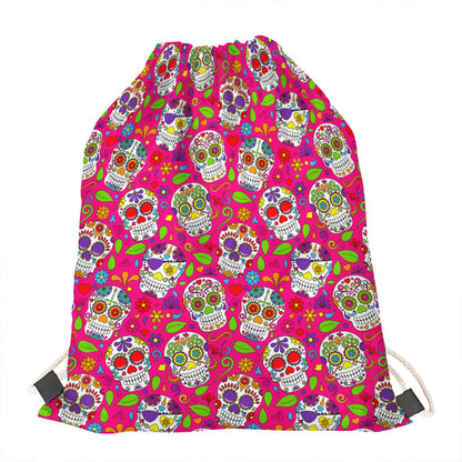 Pink Sugar Skull Pattern Print Drawstring Bag