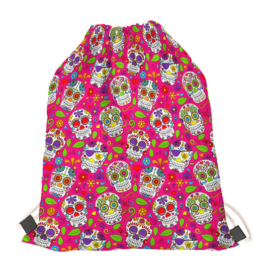 Pink Sugar Skull Pattern Print Drawstring Bag