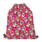 Pink Sugar Skull Pattern Print Drawstring Bag