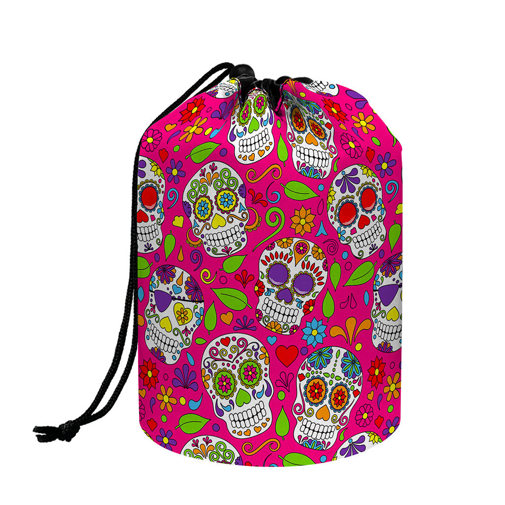 Pink Sugar Skull Pattern Print Drawstring Makeup Bag