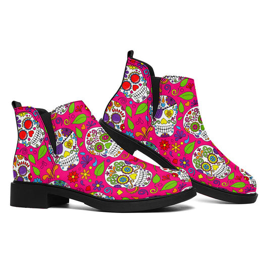 Pink Sugar Skull Pattern Print Flat Ankle Boots