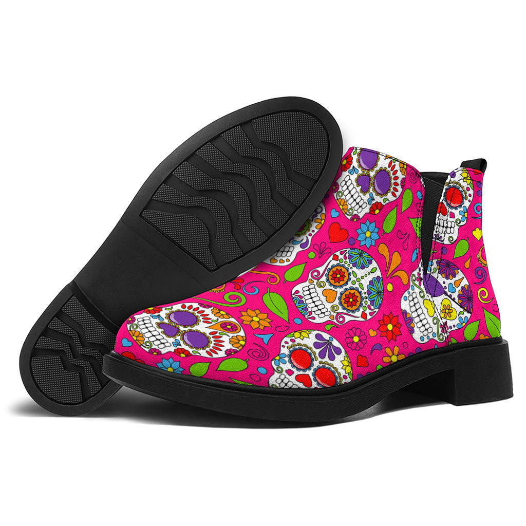Pink Sugar Skull Pattern Print Flat Ankle Boots