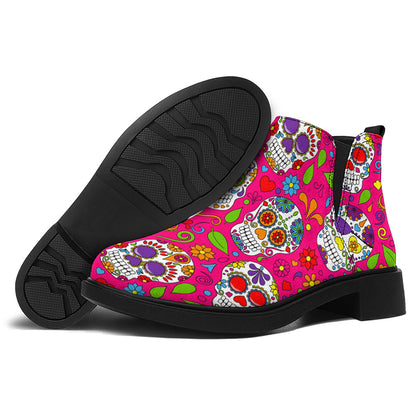 Pink Sugar Skull Pattern Print Flat Ankle Boots
