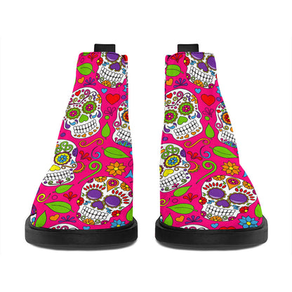 Pink Sugar Skull Pattern Print Flat Ankle Boots