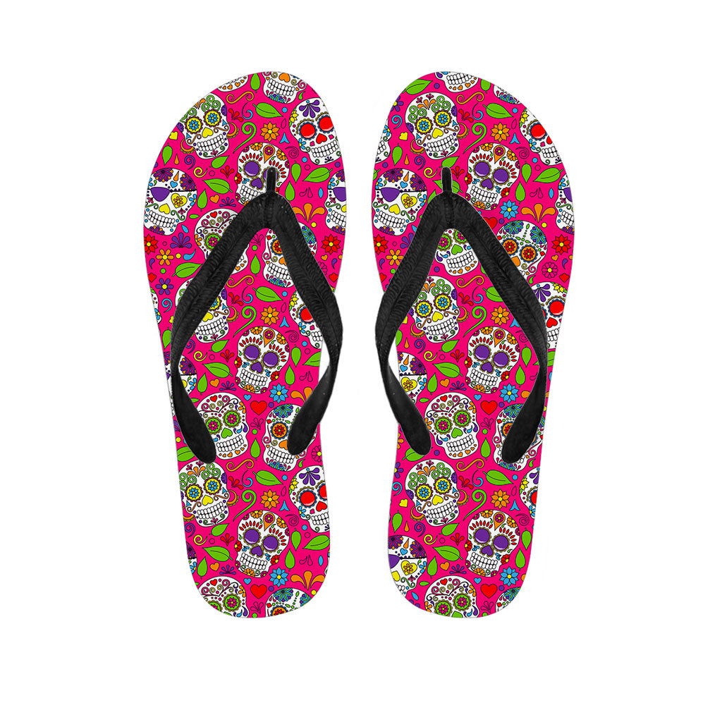Pink Sugar Skull Pattern Print Flip Flops