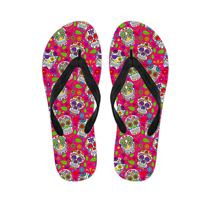 Pink Sugar Skull Pattern Print Flip Flops