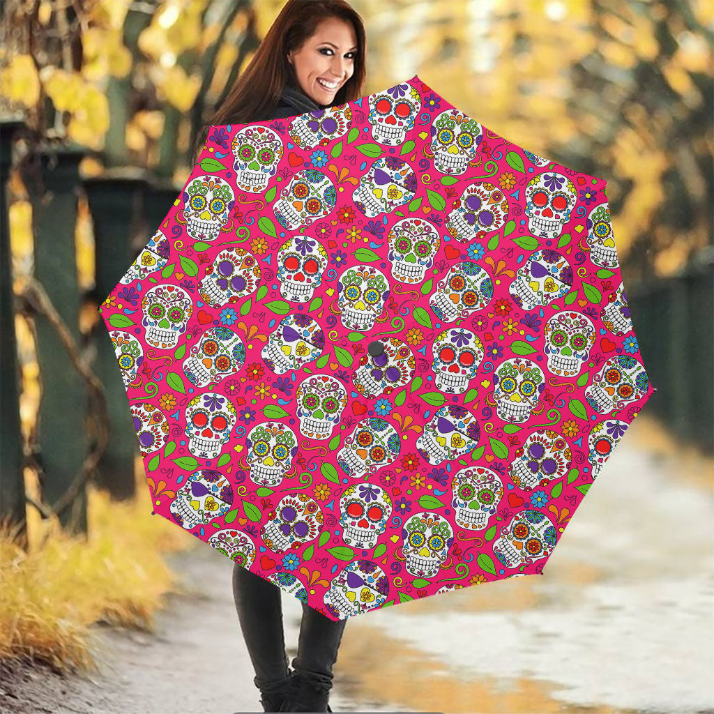 Pink Sugar Skull Pattern Print Foldable Umbrella