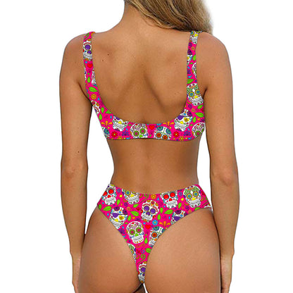 Pink Sugar Skull Pattern Print Front Bow Tie Bikini