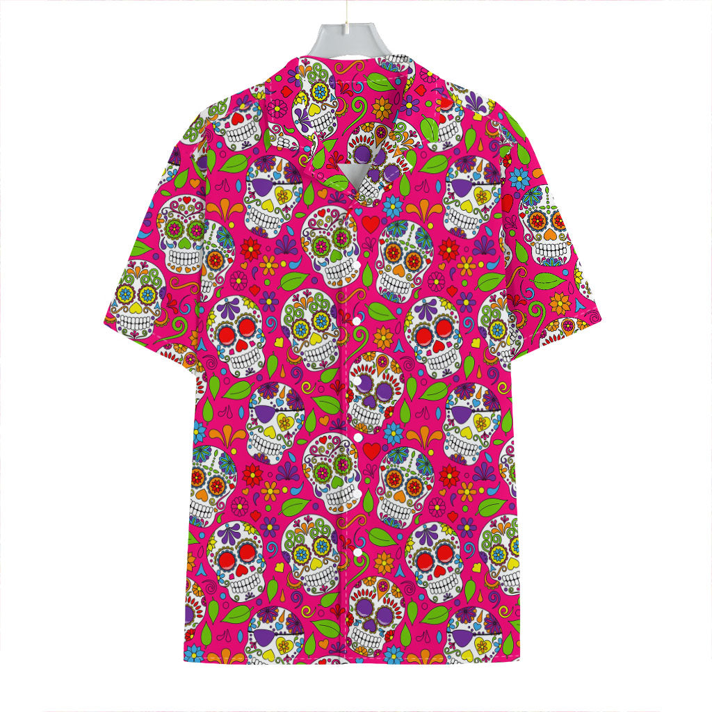 Pink Sugar Skull Pattern Print Hawaiian Shirt
