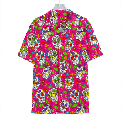 Pink Sugar Skull Pattern Print Hawaiian Shirt
