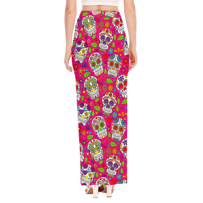 Pink Sugar Skull Pattern Print High Slit Maxi Skirt
