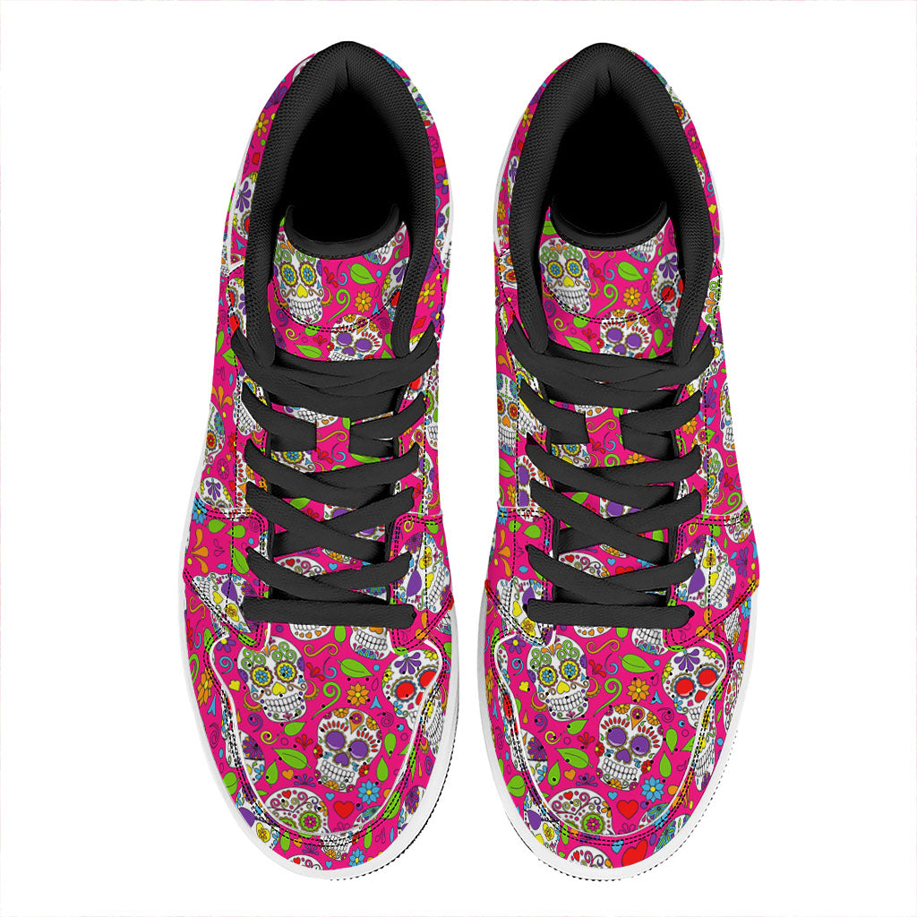 Pink Sugar Skull Pattern Print High Top Leather Sneakers