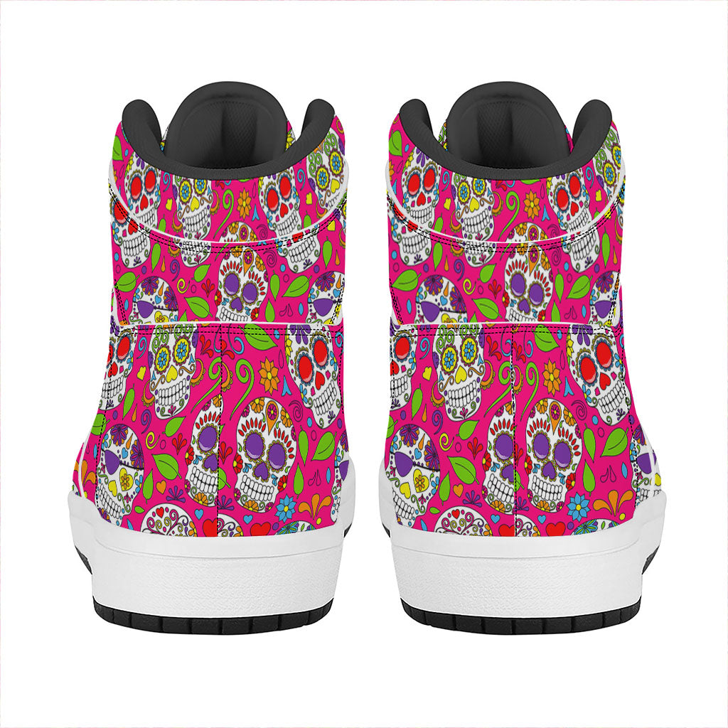 Pink Sugar Skull Pattern Print High Top Leather Sneakers