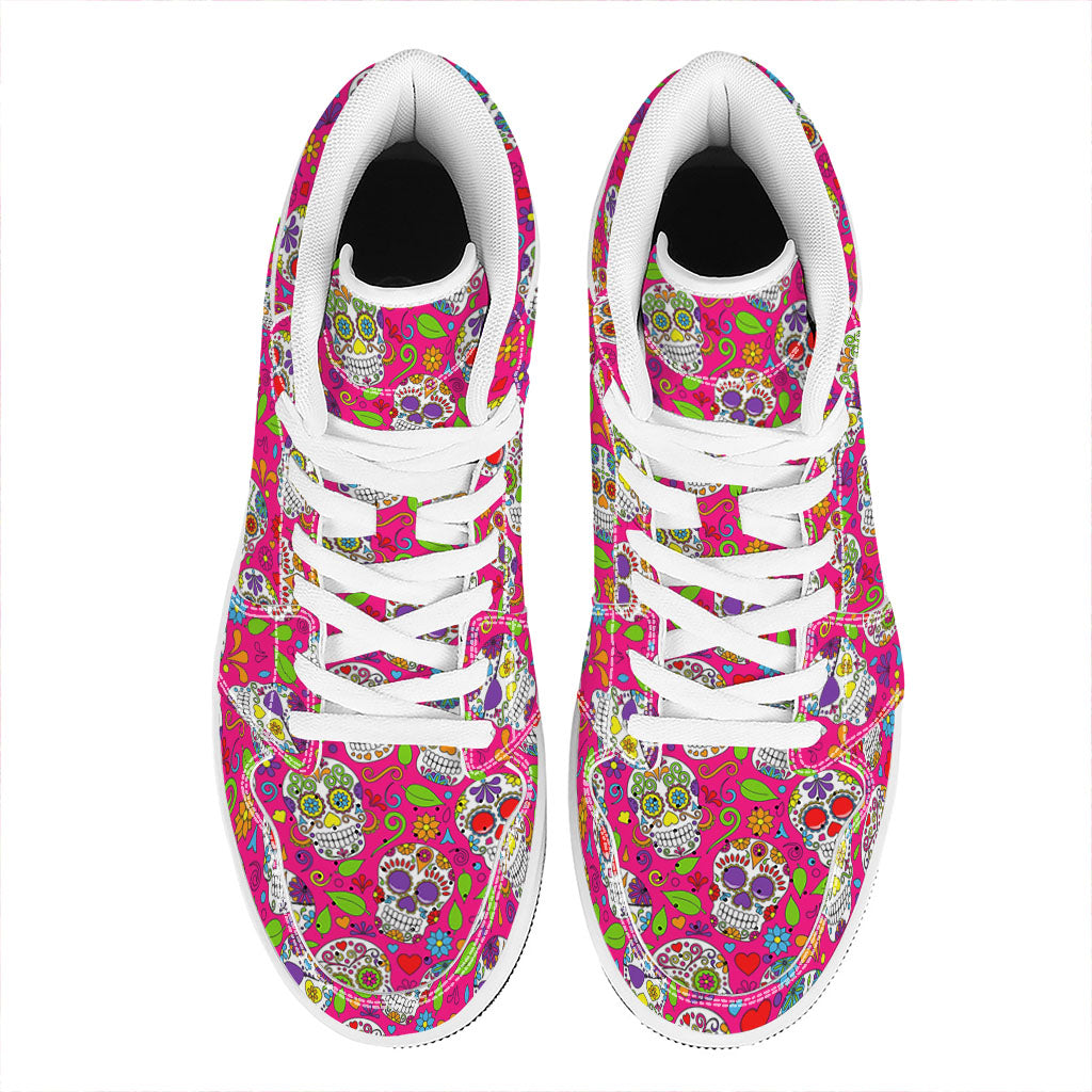 Pink Sugar Skull Pattern Print High Top Leather Sneakers