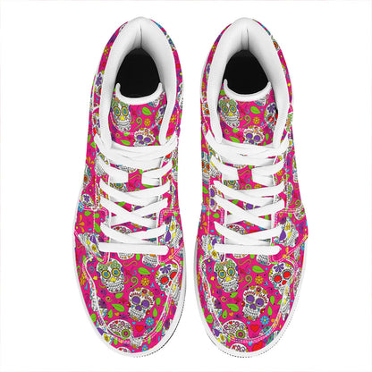 Pink Sugar Skull Pattern Print High Top Leather Sneakers