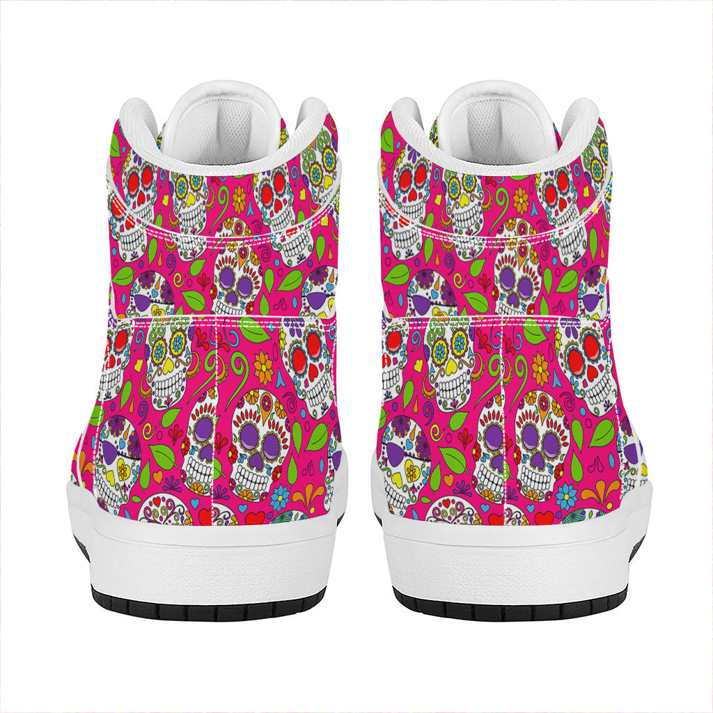 Pink Sugar Skull Pattern Print High Top Leather Sneakers