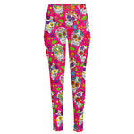 Pink Sugar Skull Pattern Print High-Waisted Pocket Leggings