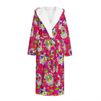 Pink Sugar Skull Pattern Print Hooded Bathrobe